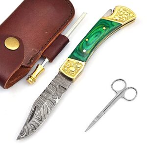 hf enterprises damascus steel pocket folding knife for men green wood handle 4 pcs, hunting fishing camping knives with leather sheath, gift