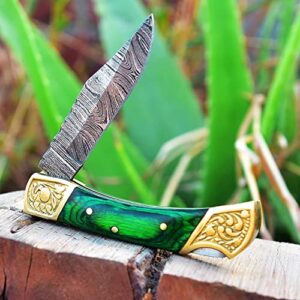 HF ENTERPRISES Damascus Steel Pocket Folding Knife for Men green wood handle 4 pcs, Hunting Fishing Camping knives with leather sheath, Gift