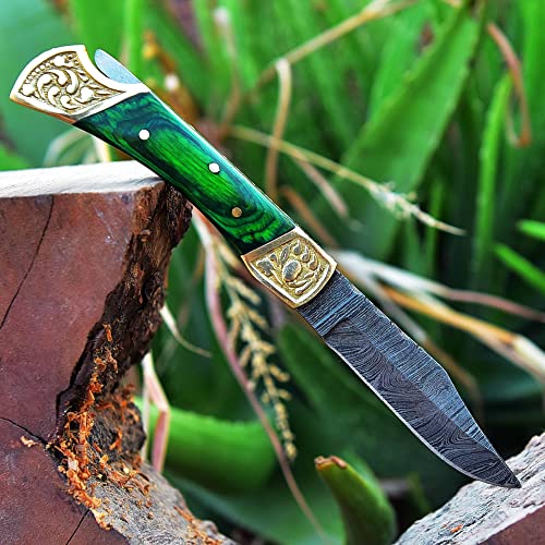 HF ENTERPRISES Damascus Steel Pocket Folding Knife for Men green wood handle 4 pcs, Hunting Fishing Camping knives with leather sheath, Gift