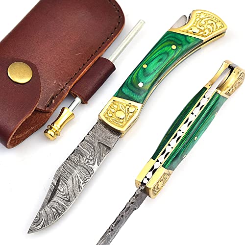 HF ENTERPRISES Damascus Steel Pocket Folding Knife for Men green wood handle 4 pcs, Hunting Fishing Camping knives with leather sheath, Gift