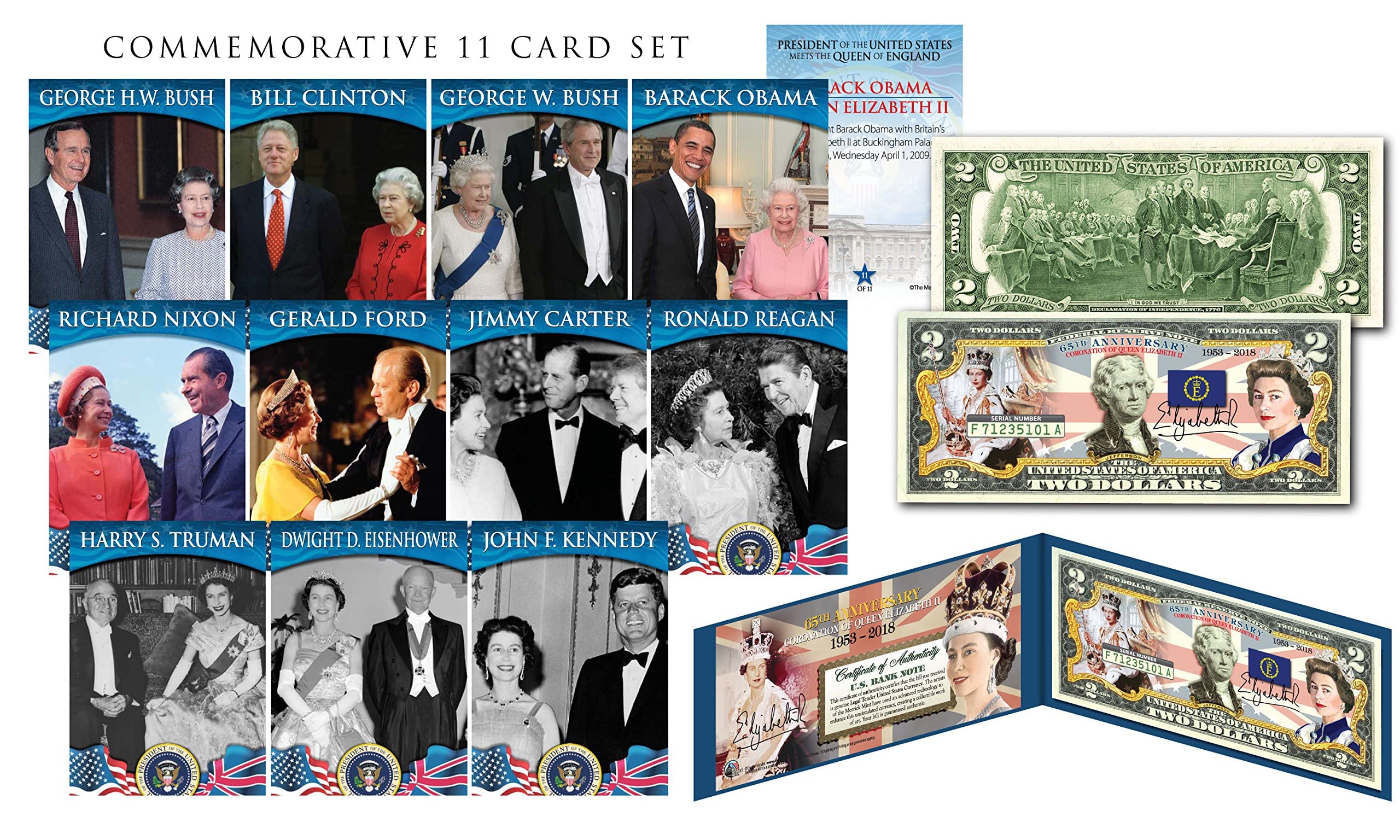 Queen Elizabeth II 65th Anniversary Coronation Colorized $2 Federal Reserve Note Display Folio with Free 11-Card Trading Card Set