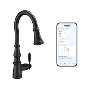 moen weymouth matte black smart faucet touchless pull-down sprayer kitchen faucet with voice and motion control, s73004ev2bl