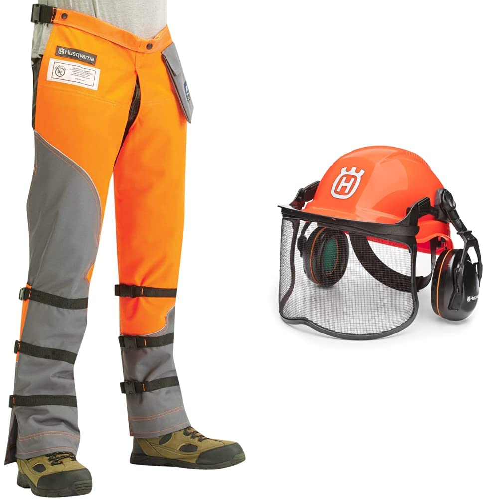 Husqvarna unisex adult 36-38 In. Orange/Gray Tech. Technical Chaps, Orange, 36 to 38-Inch US & Husqvarna 592752601 Forest Head Protection Helmet , Orange