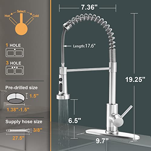 FLOTECH Brushed Nickel Kitchen Faucets with Pull Down Sprayer,Commercial Single Handle Pull Out Stainless Steel Spring Kitchen Sink Faucet with Deck Plate to Cover 1 or 3 holes for Farmhouse Bar Sinks