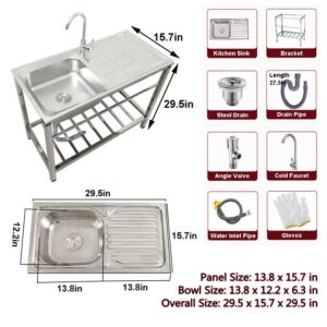 ZHXIPP Stainless Steel Sink Prep & Utility Sink with Faucet - 1 Compartment Commercial Kitchen Sink - 29.5 x15.7 X 29.5 in (Restaurant, Kitchen, Laundry, Garage)