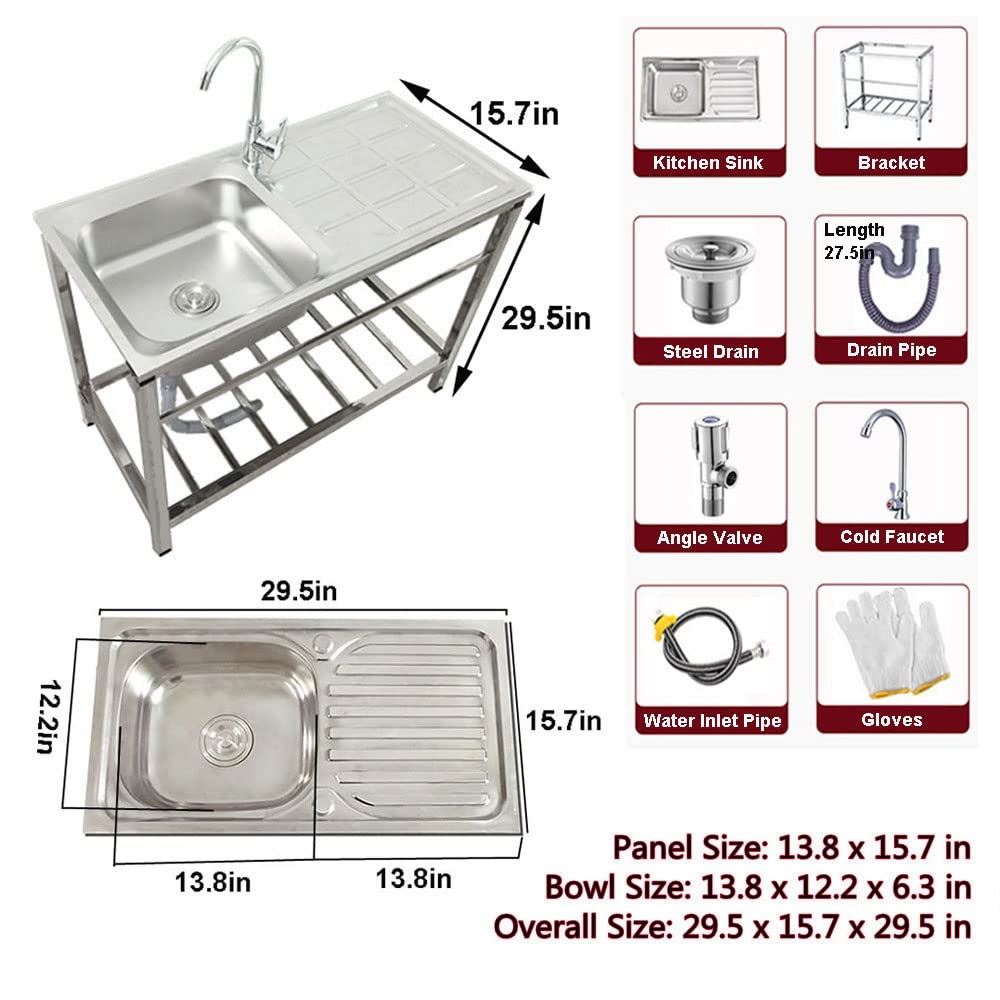 ZHXIPP Stainless Steel Sink Prep & Utility Sink with Faucet - 1 Compartment Commercial Kitchen Sink - 29.5 x15.7 X 29.5 in (Restaurant, Kitchen, Laundry, Garage)