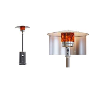 east oak 50,000 btu patio heater with round table design, double-layer stainless steel burner, black & east oak patio heater reflector shield, propane patio heaters focusing reflector