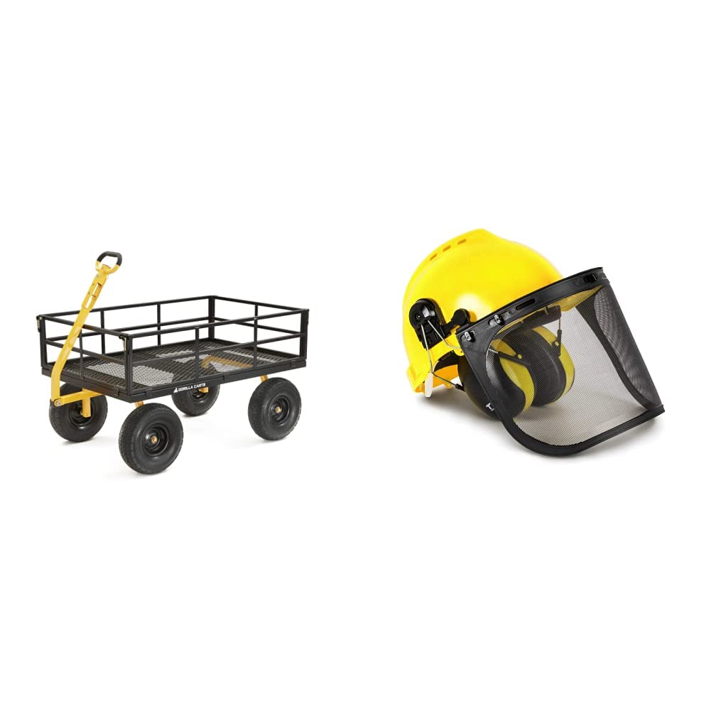 Gorilla Carts GOR1400-COM Heavy-Duty Steel Utility Cart with Removable Sides and 15" Tires, 1400-lbs. Capacity, Black & TR Industrial Forestry Safety Helmet and Hearing Protection System, Yellow