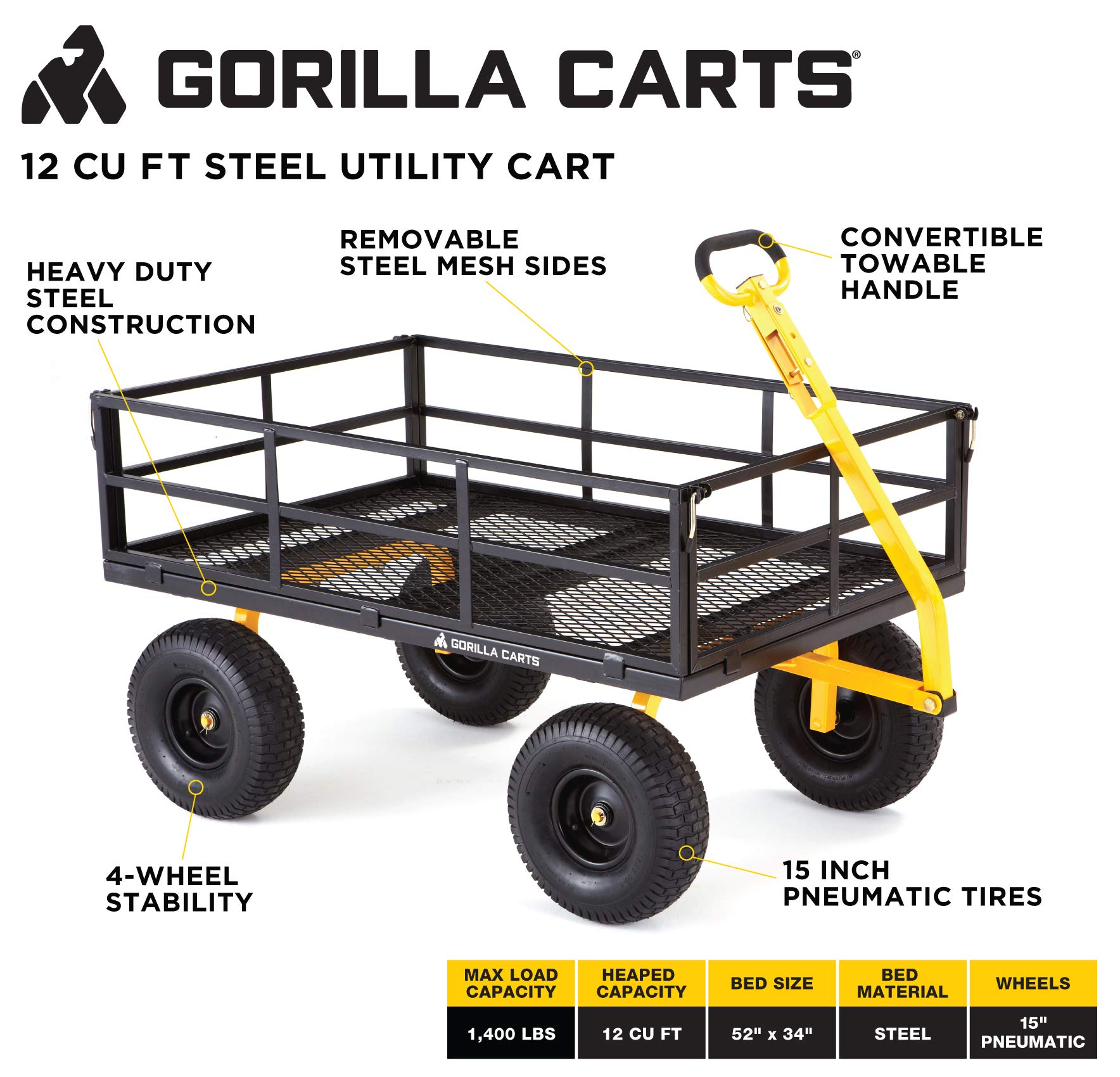 Gorilla Carts GOR1400-COM Heavy-Duty Steel Utility Cart with Removable Sides and 15" Tires, 1400-lbs. Capacity, Black & TR Industrial Forestry Safety Helmet and Hearing Protection System, Yellow