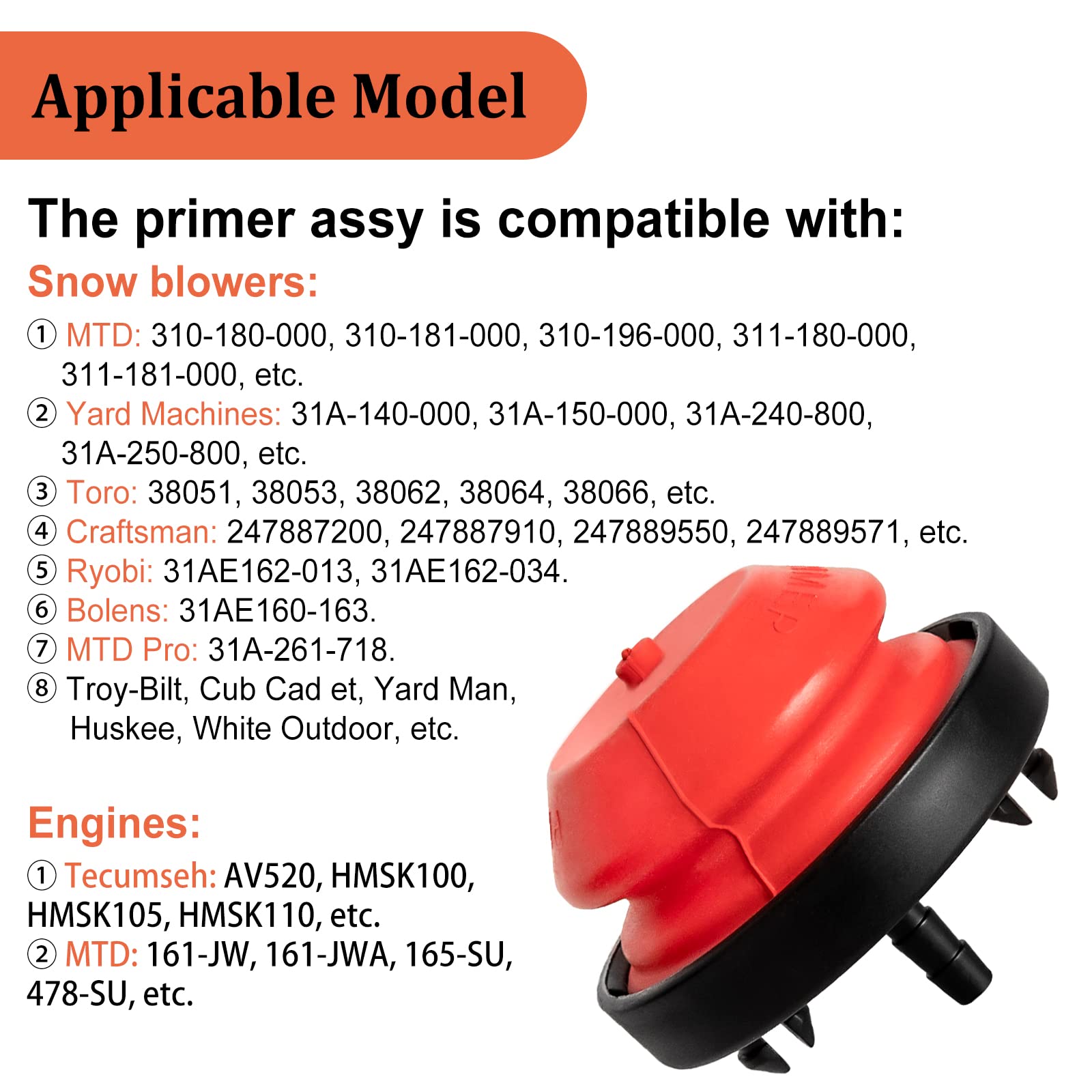 CLSR2U 951-10639A 570682A Primer Bulb with Fuel Line Hose for MTD Snowblower, Tecumseh AV520 H30, Craftsman, Troy-Bilt, Toro 751-10639, 5PCS