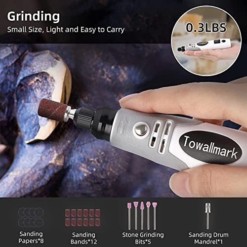 Rotary Tool Kit, Towallmark Cordless Rotary Tool 3.6V with 50 Accessories, USB Rechargeable, 3 Speed Mini Rotary Tool Multi-Purpose for Sanding, Polishing, Drilling, Engraving, DIY Small Projects