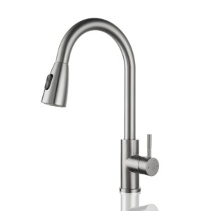 satico brushed nickel kitchen faucet with pull down sprayer single handle sink faucet modern stainless steel cupc nsf cec certified, model f80028bn