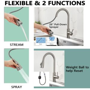 SATICO Brushed Nickel Kitchen Faucet with Pull Down Sprayer Single Handle Sink Faucet Modern Stainless Steel cUPC NSF CEC Certified, Model F80028BN