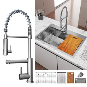 TECASA Workstation Kitchen Undermount Sink, 33 inch Drop-in Sink with Faucet Combo, Dual Mount All-in-One Single Bowl Stainless Steel Sink with Integrated Ledge and Accessories (Pack of 5)