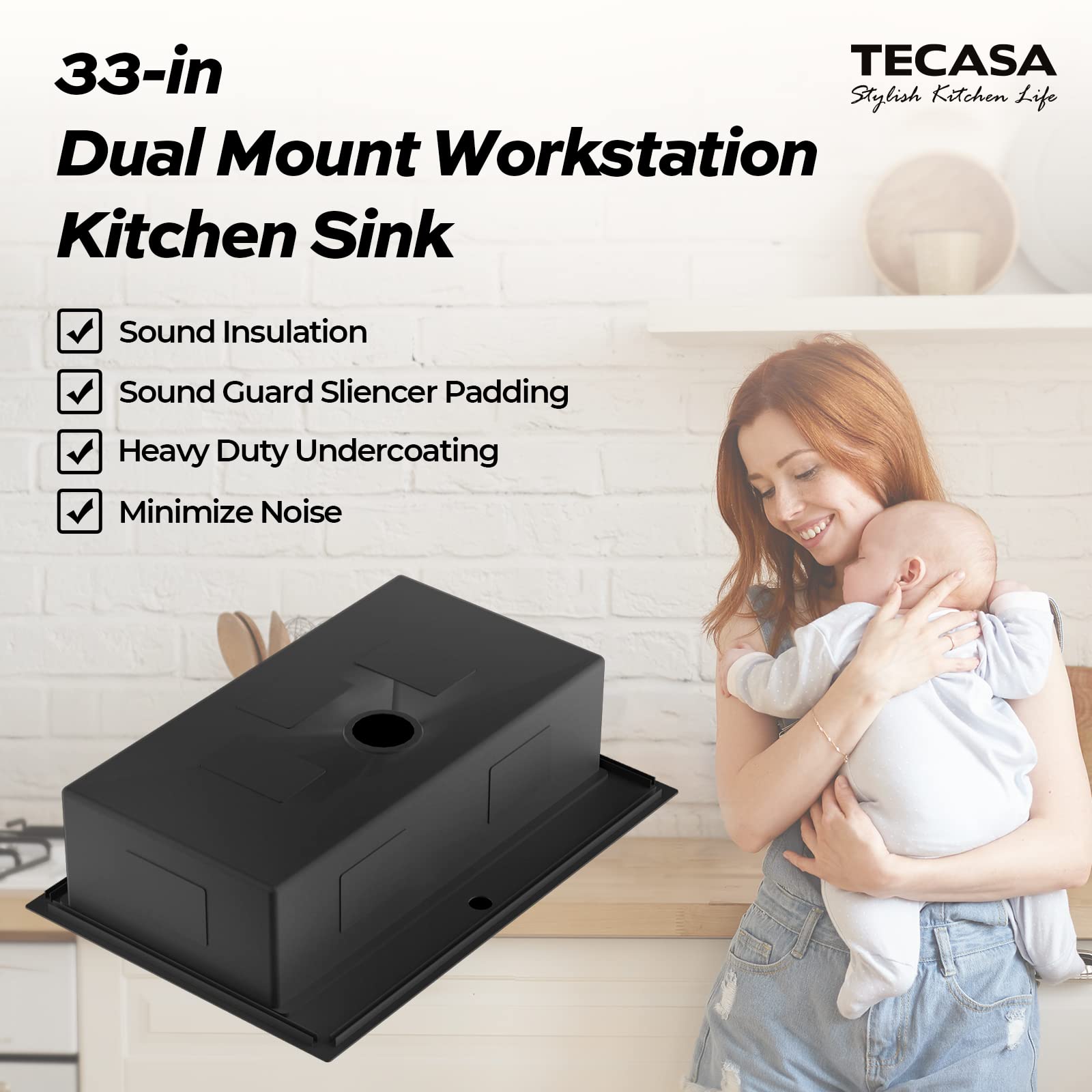 TECASA Workstation Kitchen Undermount Sink, 33 inch Drop-in Sink with Faucet Combo, Dual Mount All-in-One Single Bowl Stainless Steel Sink with Integrated Ledge and Accessories (Pack of 5)