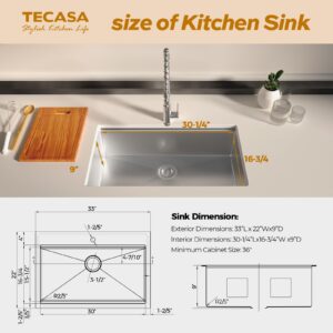 TECASA Workstation Kitchen Undermount Sink, 33 inch Drop-in Sink with Faucet Combo, Dual Mount All-in-One Single Bowl Stainless Steel Sink with Integrated Ledge and Accessories (Pack of 5)