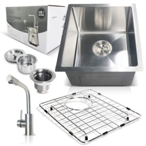 bar sink for kitchen bar - included kitchen faucet and sink grid – 15 x 17 x 9 inch - small sink with 16 gauge – undermount stainless steel bar sink with elegant brushed finish