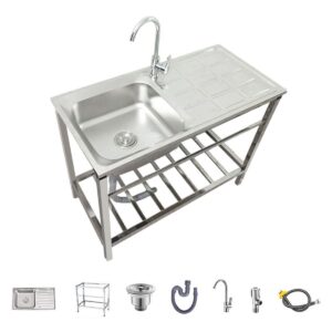 zhxipp freestanding kitchen sink commercial stainless steel single bowl sink with storage shelves restaurant sink utility utility washing hand basin 29.5 x15.7 x 29.5 in (silver)