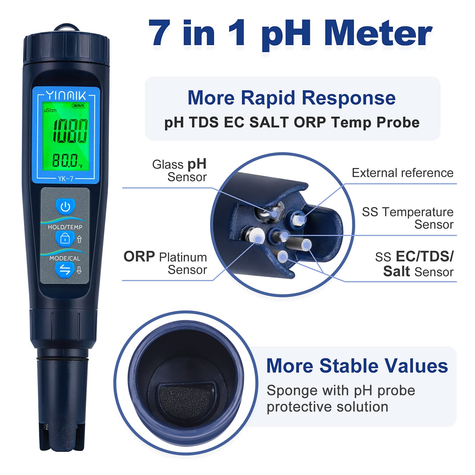 YINMIK 7 in 1 Digital pH TDS EC ORP Salt S.G Temp Meter with 15 Pack pH Calibration Buffer Powder