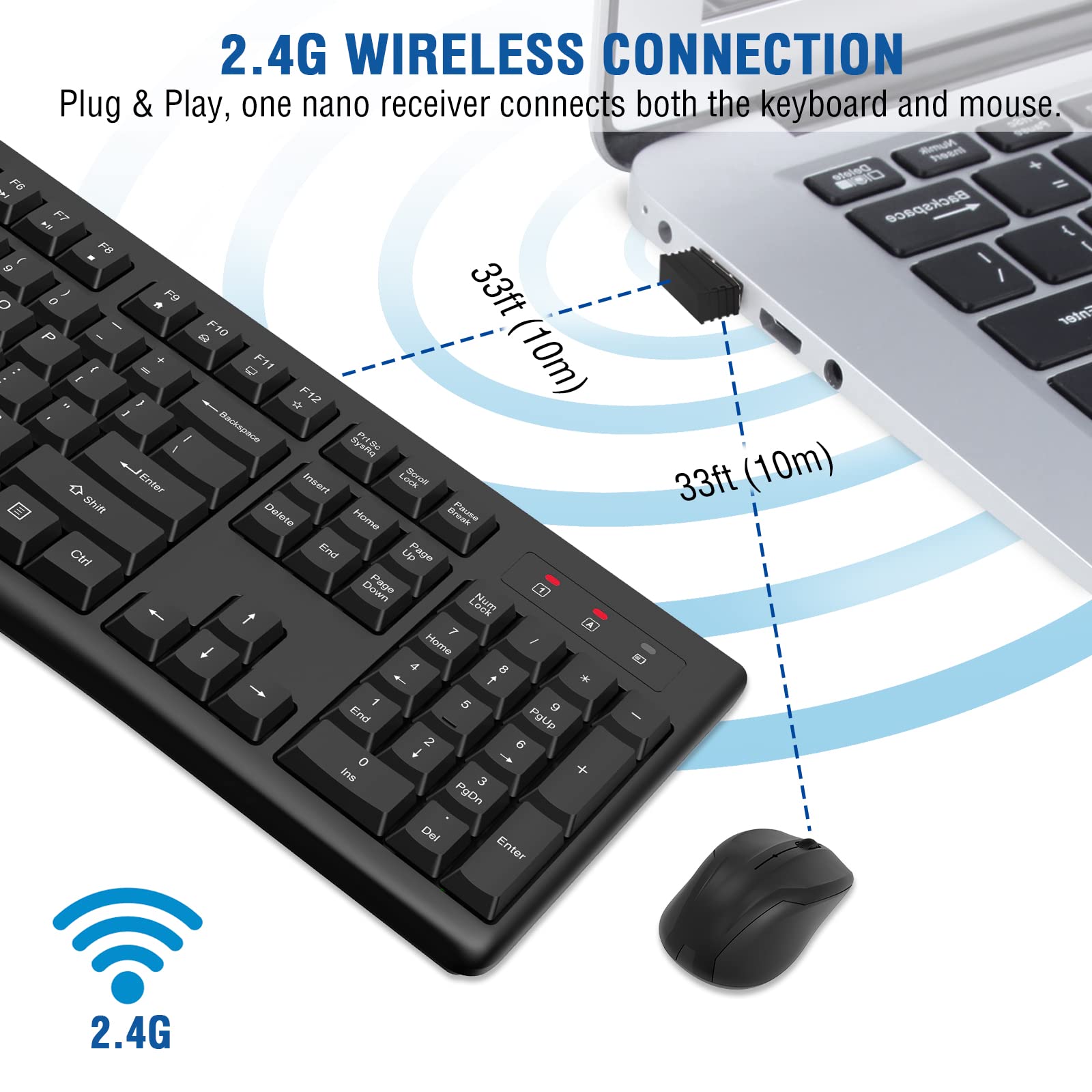 Wireless Keyboard and Mouse Combo, EDJO Full-Sized 2.4GHz USB Computer Wireless Keyboard and Wireless Optical Mouse for Windows, Mac, Laptop/Desktop/PC