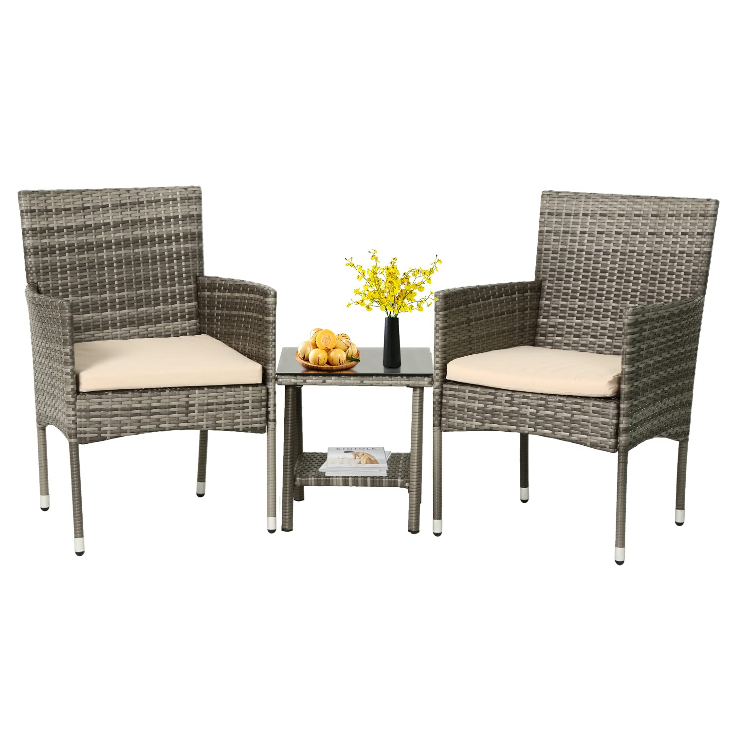 FDW 3 Piece Outdoor Furniture Set Patio Gray Wicker Chairs Furniture Bistro Conversation Set 2 Rattan Chairs with Khaki Cushions and Glass Coffee Table for Porch Lawn Garden Balcony Backyard