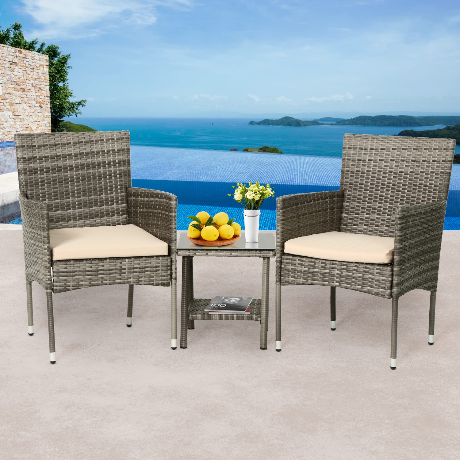 FDW 3 Piece Outdoor Furniture Set Patio Gray Wicker Chairs Furniture Bistro Conversation Set 2 Rattan Chairs with Khaki Cushions and Glass Coffee Table for Porch Lawn Garden Balcony Backyard