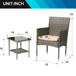 FDW 3 Piece Outdoor Furniture Set Patio Gray Wicker Chairs Furniture Bistro Conversation Set 2 Rattan Chairs with Khaki Cushions and Glass Coffee Table for Porch Lawn Garden Balcony Backyard