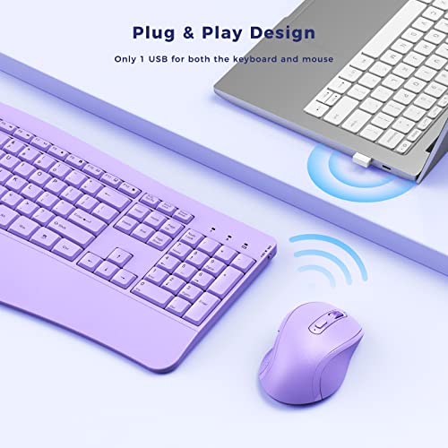 PEIOUS Wireless Keyboard and Mouse - Ergonomic Keyboard and Mouse Combo Full Size Keyboard Cordless with Palm Wrist Rest Ergonomic Mouse Wireless for Windows Computers Laptops - Light Purple