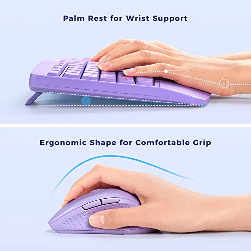 PEIOUS Wireless Keyboard and Mouse - Ergonomic Keyboard and Mouse Combo Full Size Keyboard Cordless with Palm Wrist Rest Ergonomic Mouse Wireless for Windows Computers Laptops - Light Purple