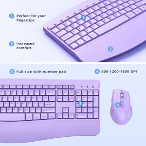 PEIOUS Wireless Keyboard and Mouse - Ergonomic Keyboard and Mouse Combo Full Size Keyboard Cordless with Palm Wrist Rest Ergonomic Mouse Wireless for Windows Computers Laptops - Light Purple