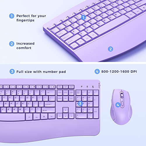 PEIOUS Wireless Keyboard and Mouse - Ergonomic Keyboard and Mouse Combo Full Size Keyboard Cordless with Palm Wrist Rest Ergonomic Mouse Wireless for Windows Computers Laptops - Light Purple