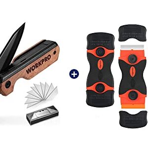 WORKPRO 2-in-1 Folding Knife/Utility Knife & ValueMax 2-Pack Razor Blade Scrapers with 10Pcs Plastic Blades