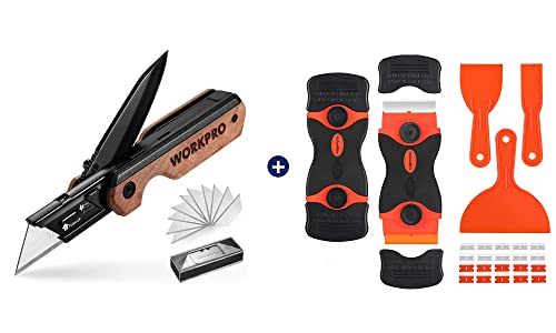 WORKPRO 2-in-1 Folding Knife/Utility Knife & ValueMax 2-Pack Razor Blade Scrapers with 10Pcs Plastic Blades