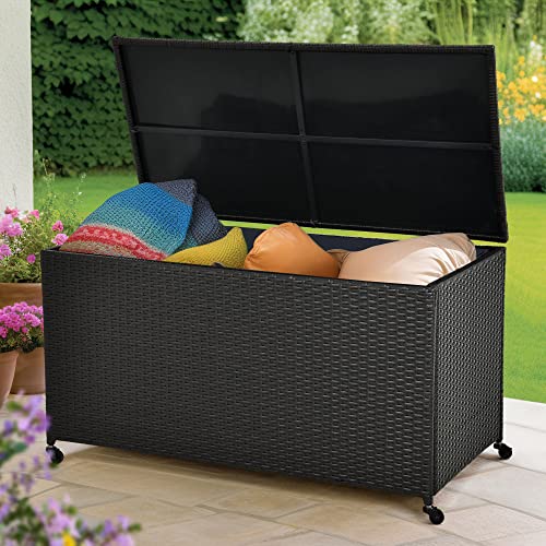 YITAHOME 120 Gallon Large Deck Box with Wheels, Woven Rattan Wicker Outdoor Storage Box, Waterproof Storage Container, Outdoor Cushions Storage-Pool Storage Bin - Brown