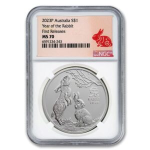 2023 P 1 oz Silver Australian Lunar Series III Year of the Rabbit Coin MS-70 (First Releases - Lunar Label) $1 NGC MS70