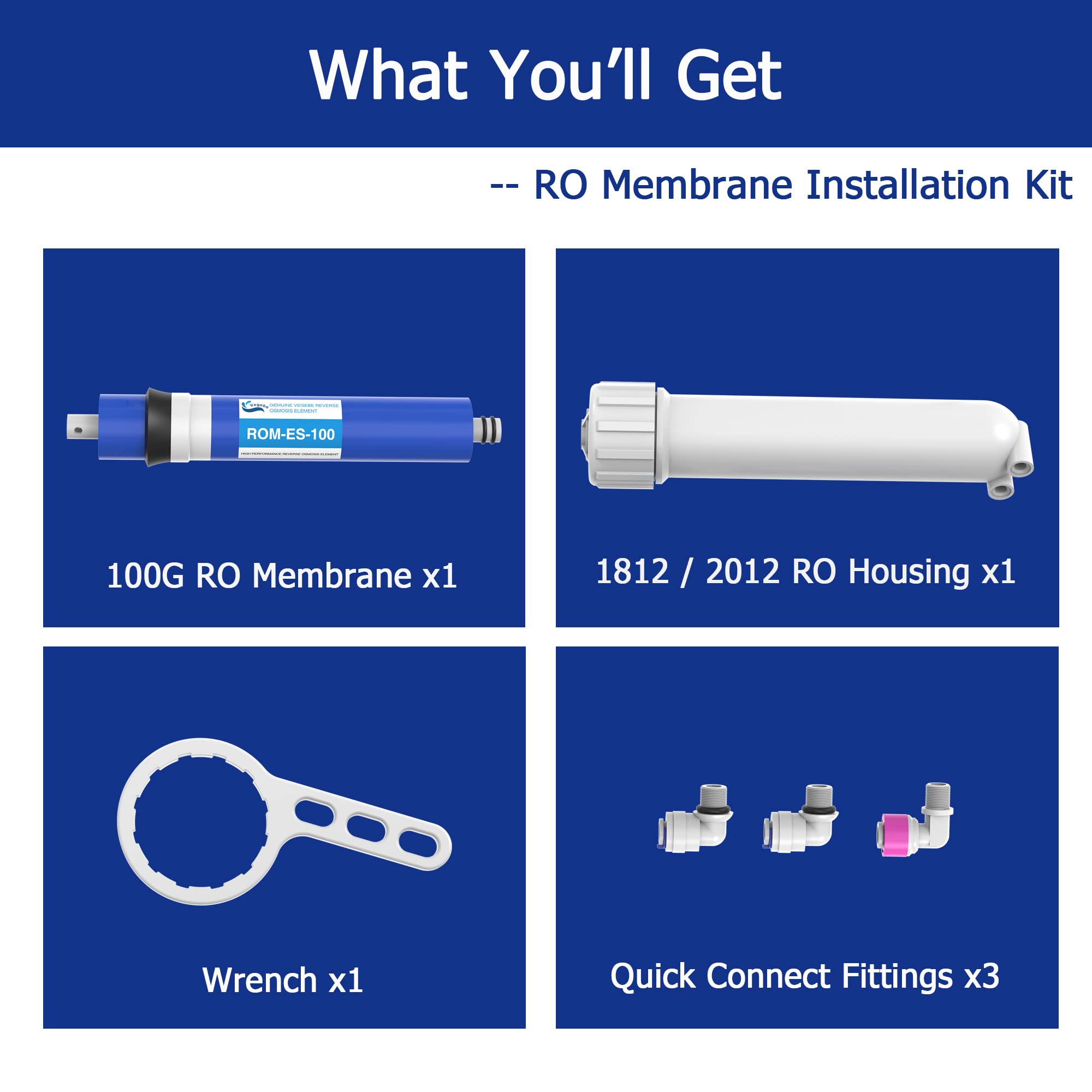 100 GPD RO Membrane Filter Replacement with Reverse Osmosis Membrane Housing, Wrench, 1/4" Quick-Connect Fitting, Check Valve, Fit Under Sink RO Home Drinking Water Filter Filtration Purifier System