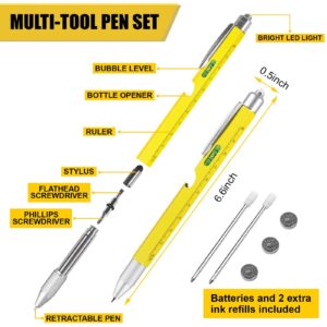 Gifts for Men, 9 in 1 Multitool Pen Set, Cool Gadgets for Men Dad Him Boyfriend Husband Fathers Day Birthday Gifts, Tool Pen with Led Light, Stylus, Screwdriver, Bottle Opener, Ruler, Level(Yellow)