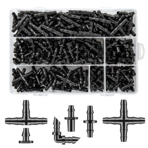unoutur 300 pcs barbed connectors drip irrigation fittings kit, 1/4" drip irrigation kit for garden flower pot greenhouse lawn (straight barbs,single barbs,tees,elbows,end plug,4-way coupling)
