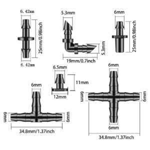 Unoutur 300 Pcs Barbed Connectors Drip Irrigation Fittings Kit, 1/4" Drip Irrigation Kit for Garden Flower Pot Greenhouse Lawn (Straight Barbs,Single Barbs,Tees,Elbows,End Plug,4-Way Coupling)