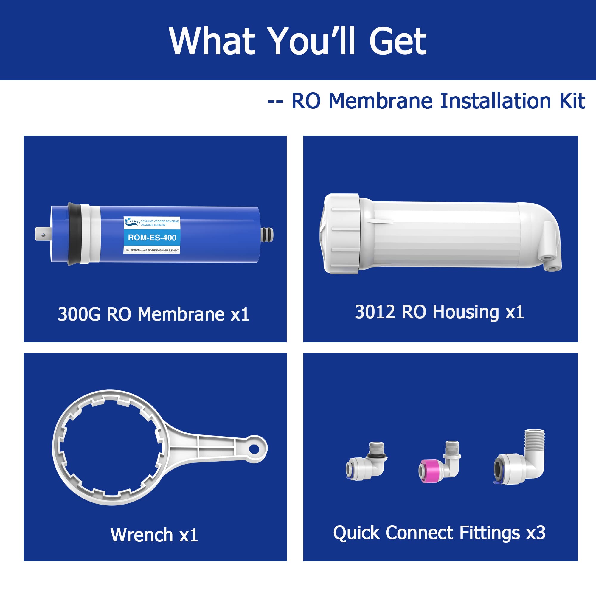 400 GPD RO Membrane Filter Replacement with Reverse Osmosis Membrane Housing, Wrench, 1/4" Quick-Connect Fitting, Check Valve, Fit Under Sink RO Home Drinking Water Filter Filtration Purifier System