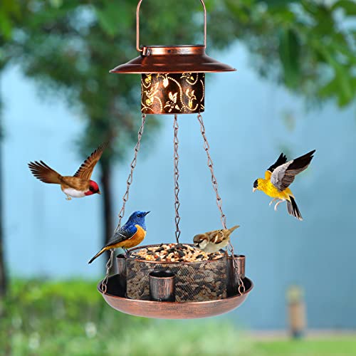 Solar Bird Feeders for Outdoors Hanging, Metal Wild Bird Feeder for Cardinals with 3 Water Dispenser, Garden Yard Outdoor Decoration Lights, Weather and Water Resistant