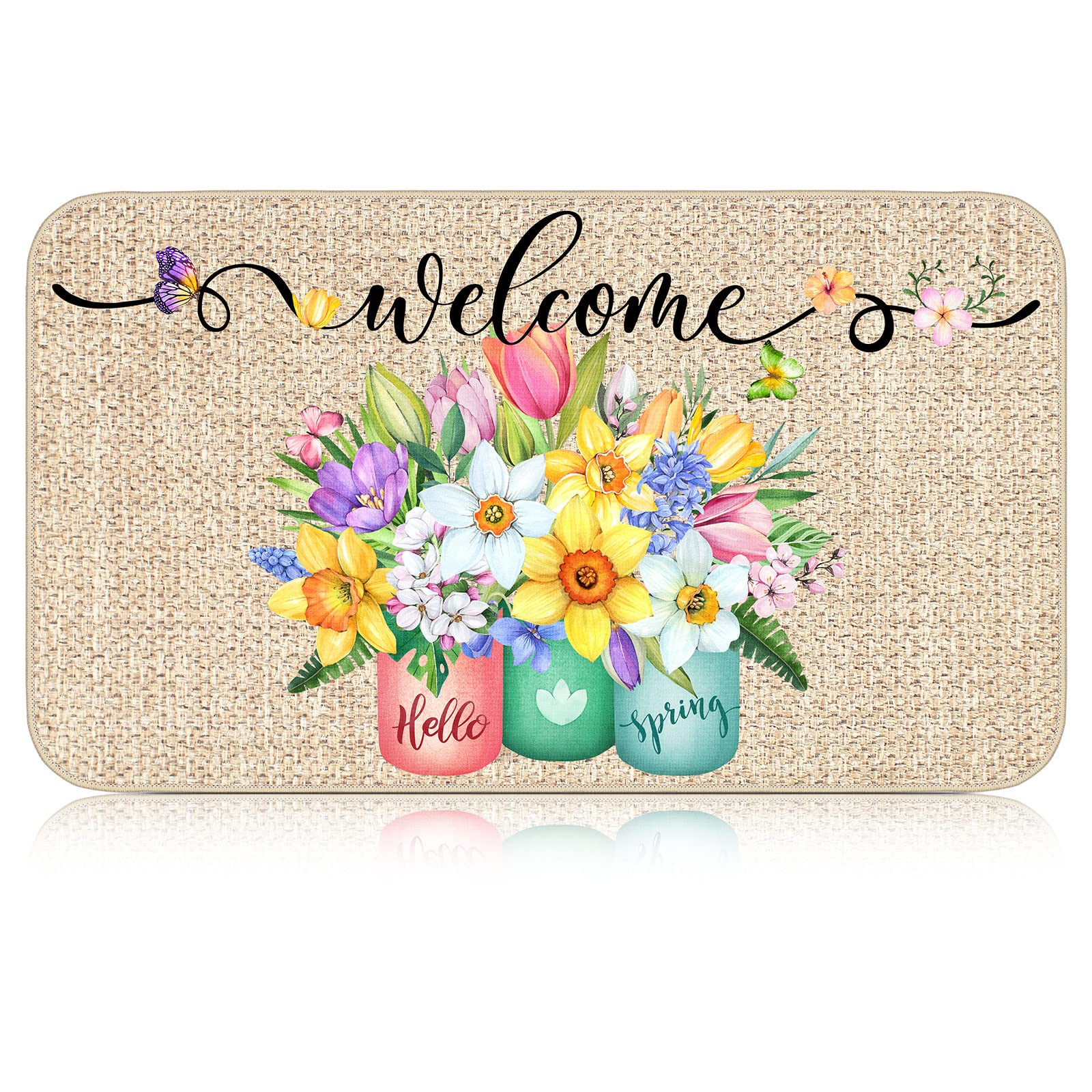 Spring Welcome Mats Hello Spring Floral Decor Door Mat Colorful Tulip Flower Door Mat Indoor Entrance Cute Decorative Outdoor Doormats Non Slip Outside Door Mats for Front Door Spring Rugs, 16 x 28