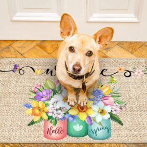 Spring Welcome Mats Hello Spring Floral Decor Door Mat Colorful Tulip Flower Door Mat Indoor Entrance Cute Decorative Outdoor Doormats Non Slip Outside Door Mats for Front Door Spring Rugs, 16 x 28