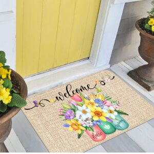 Spring Welcome Mats Hello Spring Floral Decor Door Mat Colorful Tulip Flower Door Mat Indoor Entrance Cute Decorative Outdoor Doormats Non Slip Outside Door Mats for Front Door Spring Rugs, 16 x 28