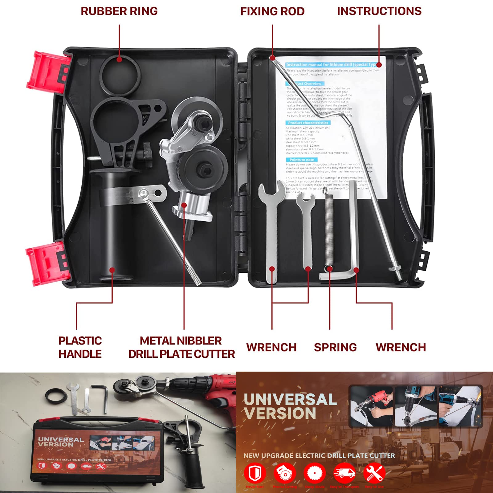 Metal Nibbler Drill Attachment, Electric Drill Shears, Electric Drill Plate Cutter Attachment,with Carrying Case, Metal Cutter Sheet Drill Attachment for Metal Cutting