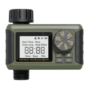 sprinkler timer, diivoo hose timer with timing and frequency irrigation, water timer for garden hose with rain delay and manual watering for lawn, green