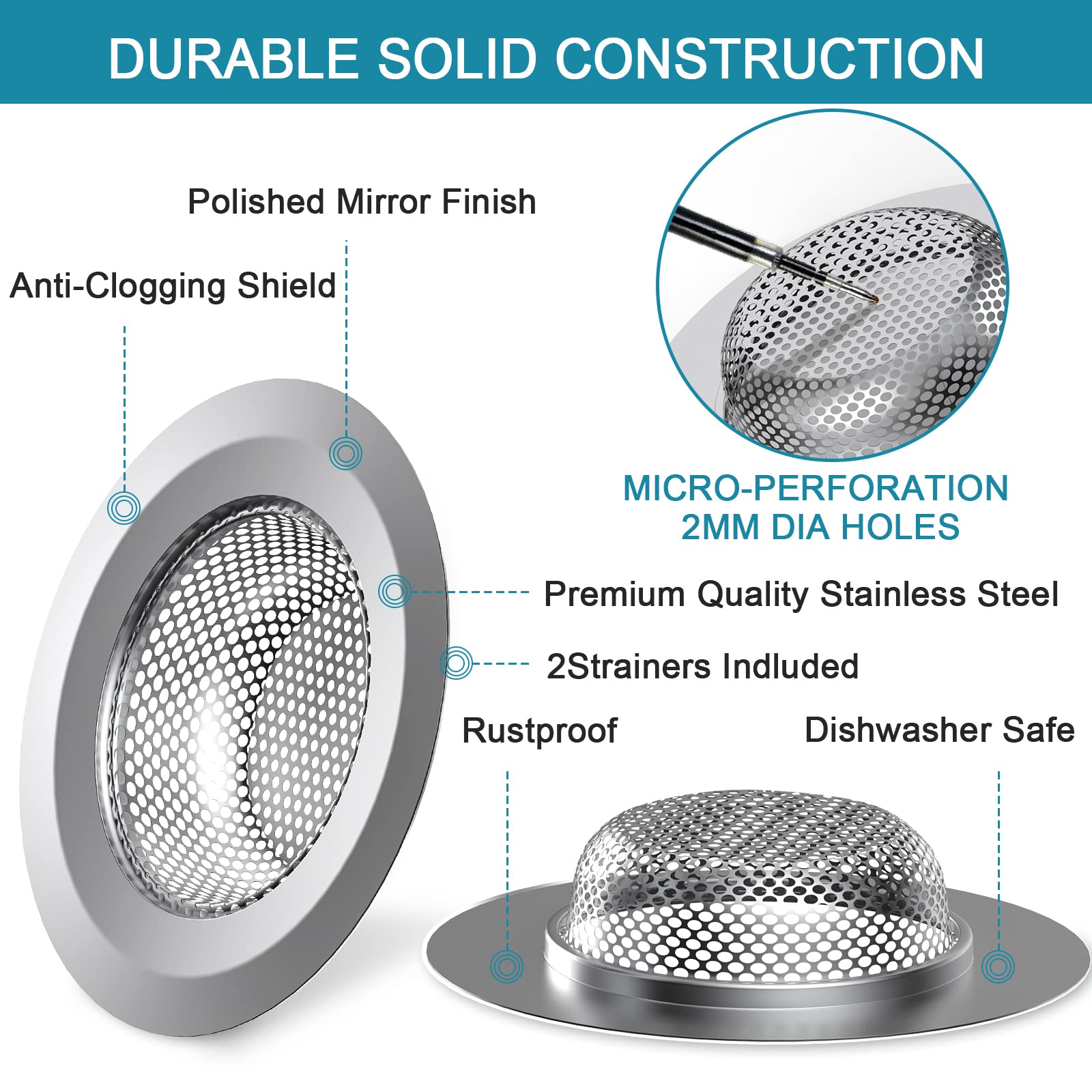 2PCS Kitchen Sink Strainer, Stainless Steel Sink Drain Strainer, Large Wide Rim 4.5" Diameter, Food Catcher for Most Sink Drains Kitchen Sink Basket Strainer