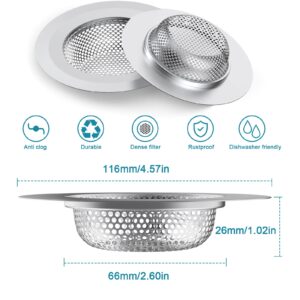 2PCS Kitchen Sink Strainer, Stainless Steel Sink Drain Strainer, Large Wide Rim 4.5" Diameter, Food Catcher for Most Sink Drains Kitchen Sink Basket Strainer