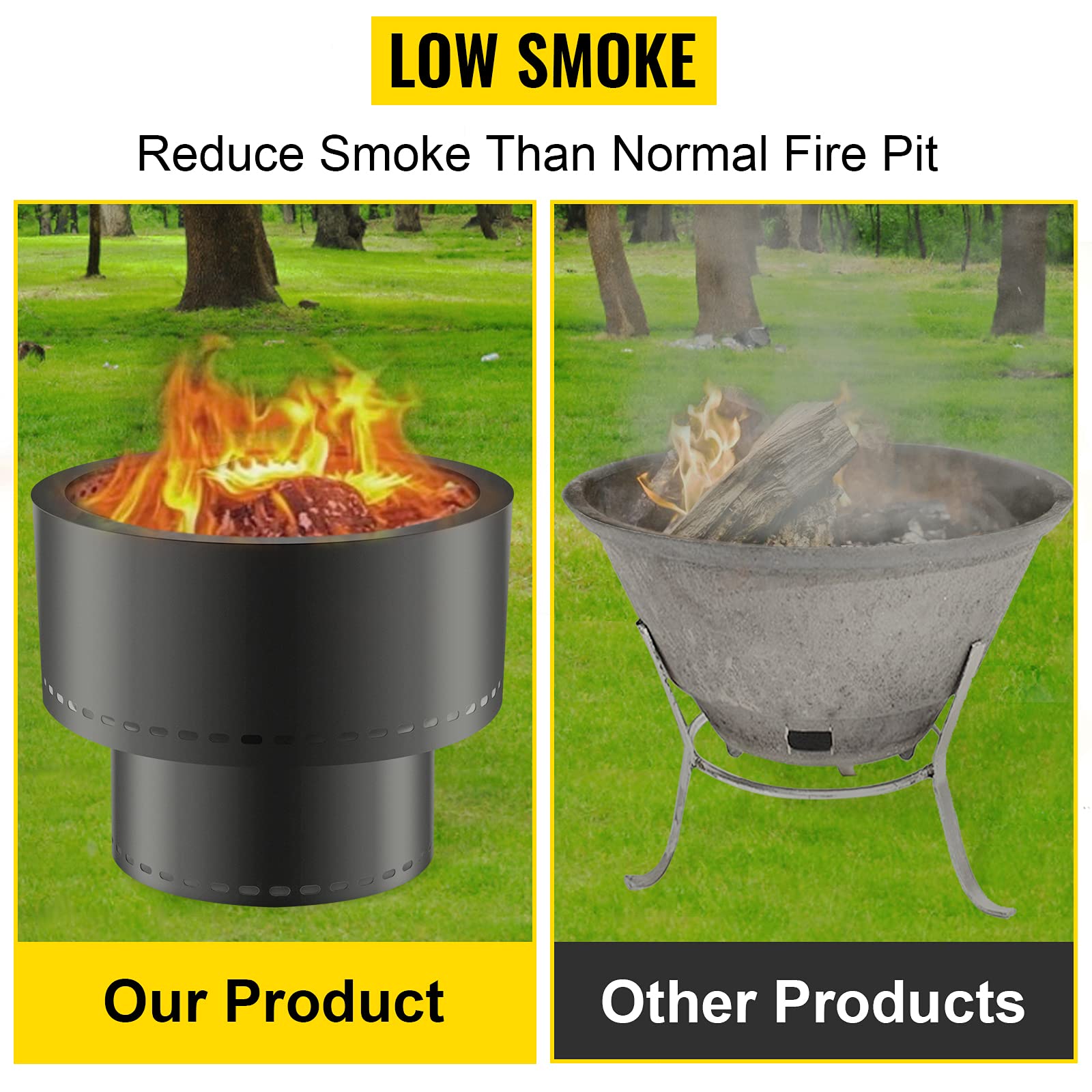 VEVOR Smokeless Fire Pit, Carbon Steel Stove Bonfire, Large 13.5 inch Diameter Wood Burning Fire Pit, Outdoor Stove Bonfire Fire Pit, Portable Smokeless Fire Bowl for Picnic Camping Backyard Black