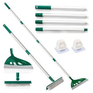 squeegee broom with replaceable v-shape brush head for floor, tile, deck, window, bonus 2 rod holder storage clips, dark green
